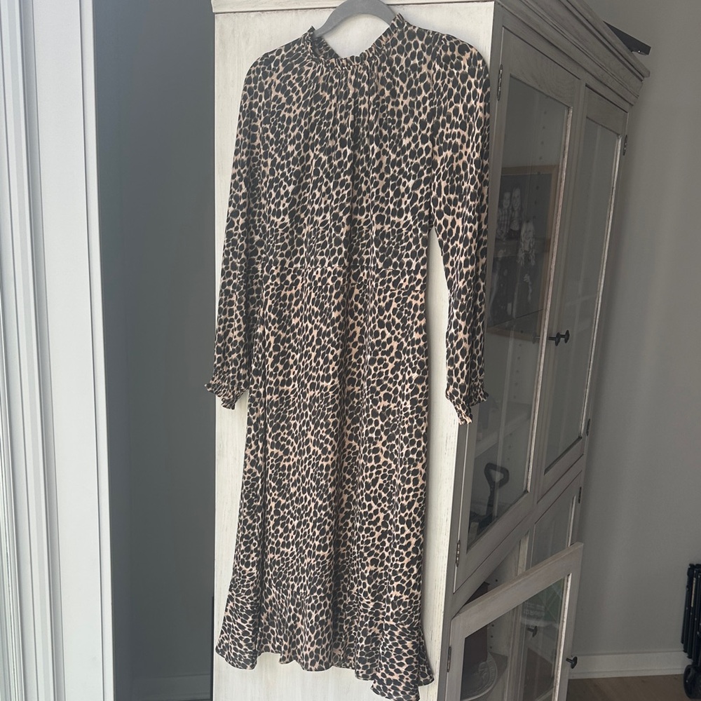 J. Crew Leopard Print Long Sleeve Midi Dress in Brown and Black